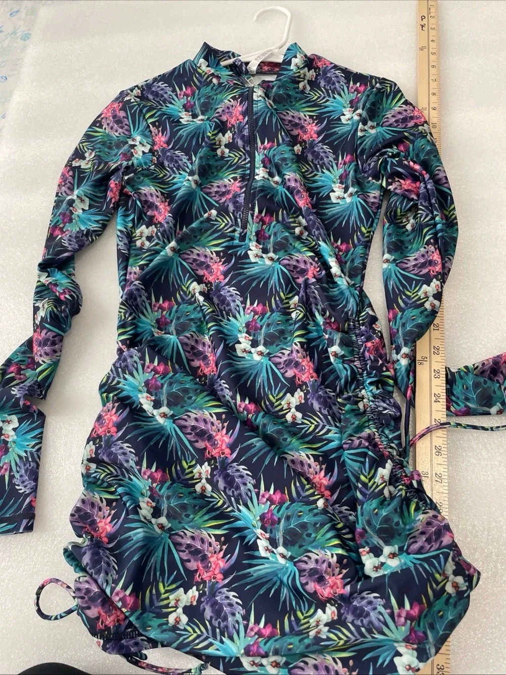 Kyodan Long-Sleeve Swim Tunic in Teal Tropical Print
